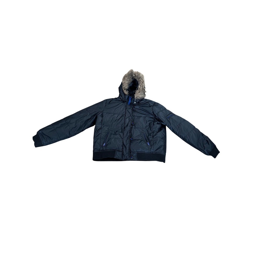Y2K‎ GAP Black Puffer Bomber Jacket Fur Hood Zip Front Quilted Winter Size XL